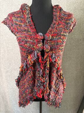 Lumiere Fringe Ribbon Knit Hooded Vest L Art to Wear Boho